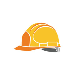 Fototapeta premium Illustration of a yellow and orange construction hard hat, viewed from the side, isolated on a white background.