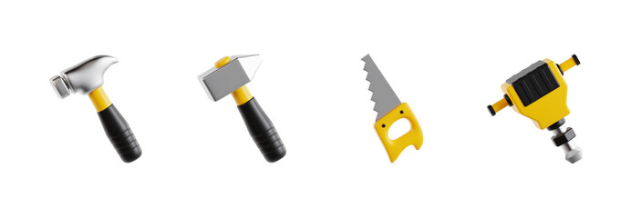 Set of 3D construction work tools featuring a claw hammer, sledgehammer, handsaw, and jackhammer