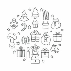 Flat vector icon set of Christmas elements including gifts, trees, stockings, stars and snowflakes. Designed in modern style with soft colors. Perfect for apps, infographics, packaging, and digital te