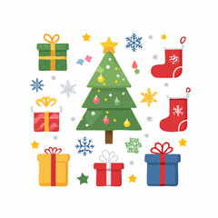 Flat vector icon set of Christmas elements including gifts, trees, stockings, stars and snowflakes. Designed in modern style with soft colors. Perfect for apps, infographics, packaging, and digital te
