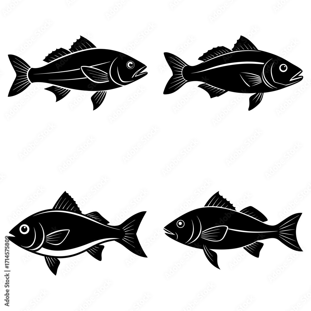 Poster four stylized black fish silhouettes arranged in a square pattern on a white background image view