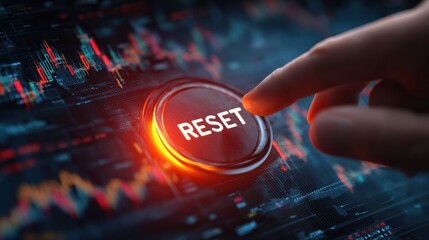 Market Reset: A person's finger about to press a glowing RESET button against a dynamic backdrop of fluctuating market data, suggesting a pivotal moment of change.