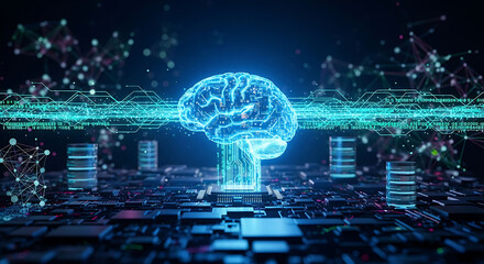 Glowing blue neural network brain emanating from futuristic technology