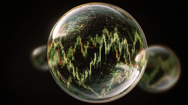 Financial Bubble: A graphic representation of financial markets contained within a fragile bubble, signifying the volatile and uncertain nature of economic growth.