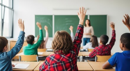 Children raising hands in a classroom during a lesson