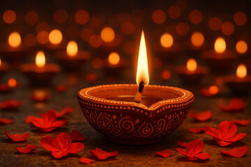 Happy diwali and happy dipaboli with a traditional lit diya lamp surrounded by red flower petals and blurred lights in the background