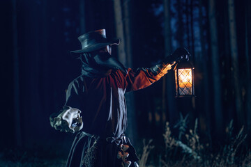 Eerie plague doctor illuminates a dark forest with lantern light.