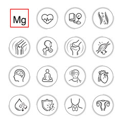 Icons sheet for magnesium mineral supplements . Perfect for health and wellness and pharmacy graphics, this versatile icon set is ideal for health projects. EPS10.