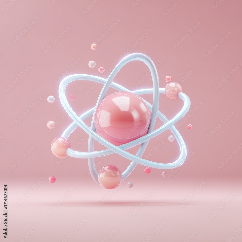 Poster atom of knowledge: a digitally crafted atom model floats against a soft pink backdrop, illustrating 