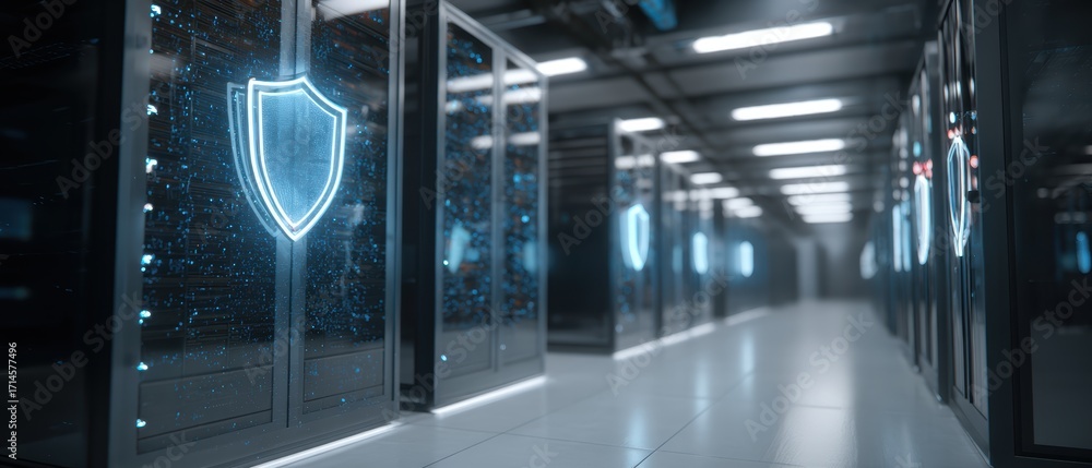 Poster cyber fortress: an expansive server room showcases glowing security shield icons, embodying a secure