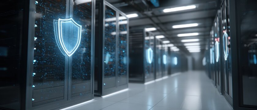 Cyber Fortress: An expansive server room showcases glowing security shield icons, embodying a secure digital environment and advanced technological prowess.