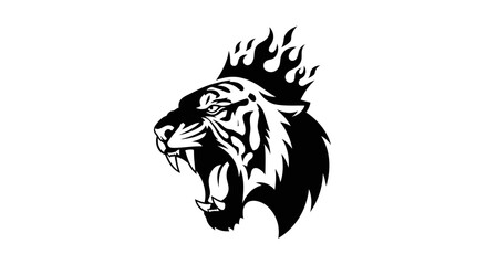 Obraz premium A fierce black and white illustration of a roaring tiger's head with flames erupting from its crown.