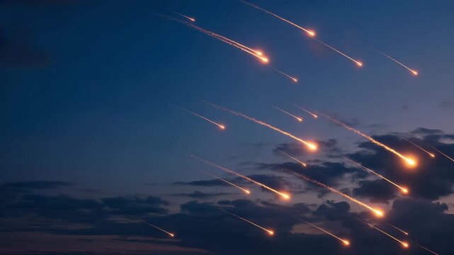 A sky filled with burning meteors raining down 