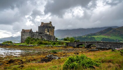 Ancient Scottish Isle Fortress Under Cloudy Sky