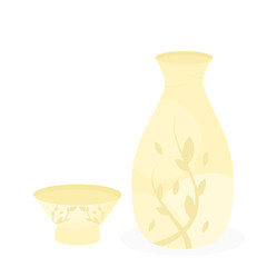 Illustration of traditional Japanese sake bottle with decorative leaf pattern glass