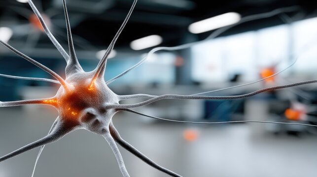 Detailed view of a neuron showing synaptic connections in a modern lab environment during a research study