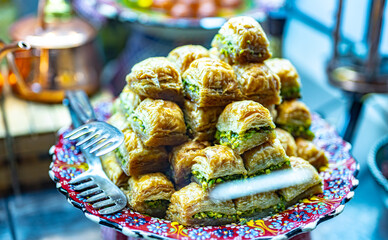 Traditional Turkish pistachio baklava in a confectionery store