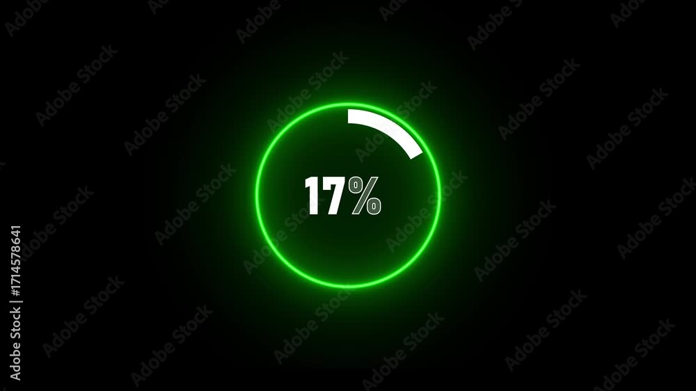 Poster green neon circle with 10 percent loading indicator on black background progress percentage