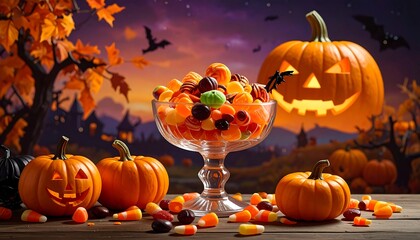 Fototapeta premium A glass bowl overflowing with colorful Halloween candies sits on a wooden surface, surrounded by small carved pumpkins and vibrant autumnal colors.