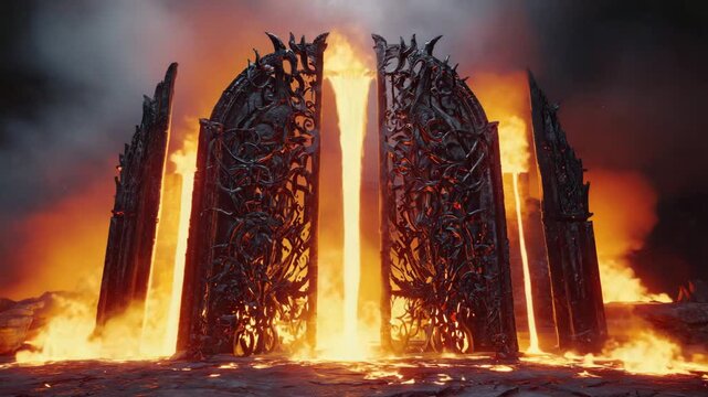 The gates of hell made of molten iron and flames 