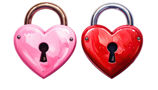 Two heart-shaped padlocks, one pink, one red (2)
