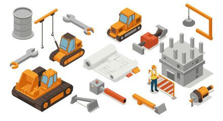 Obraz premium Isometric construction elements set with heavy machinery and tools