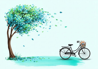 Fototapeta premium Whimsical Watercolor Autumn Tree and Bicycle Illustration with Scattered Leaves