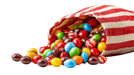 Colorful candy spilling from striped bag isolated on transparent background