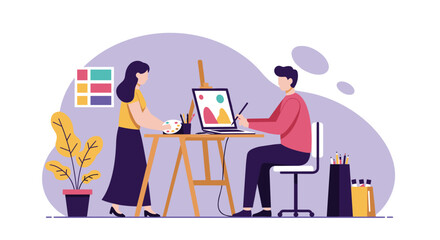 Creative digital art studio with artists painting on canvas and computer