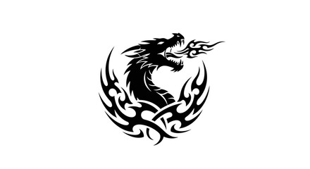 Obraz premium A striking black tribal dragon emblem breathing fire, set against a clean white background.