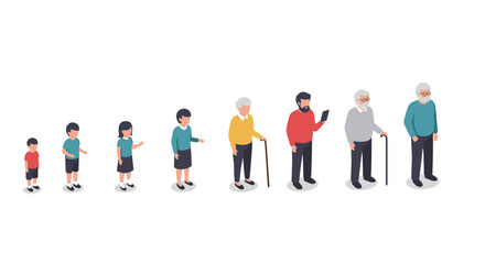 Isometric illustration of human life stages from childhood to old age