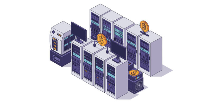 Isometric cryptocurrency mining technology with server racks and bitcoin symbols