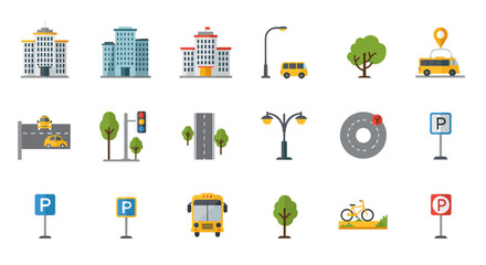 Obraz premium Urban elements set featuring buildings, transportation, and nature icons in flat style