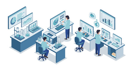 Obraz premium Modern laboratory isometric design with scientists analyzing data on computers