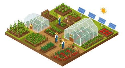 Sustainable farming isometric concept with greenhouses and solar panels