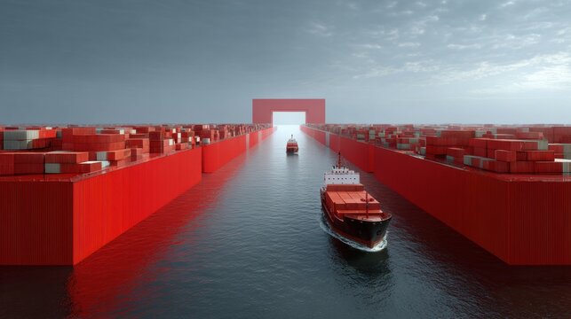 Navigating the Red Passage: A cargo ship embarks on a journey through a narrow waterway framed by towering red structures, symbolizing a passage, journey, or transition in the world of transport.