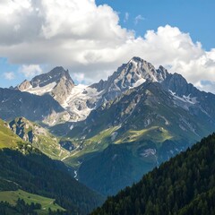 Mountain peaks with glaciers and valleys