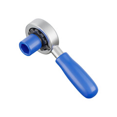 A durable silver ratchet wrench, featuring a vibrant blue ergonomic handle and matching socket, isolated on a white background, perfect for various mechanical tasks.