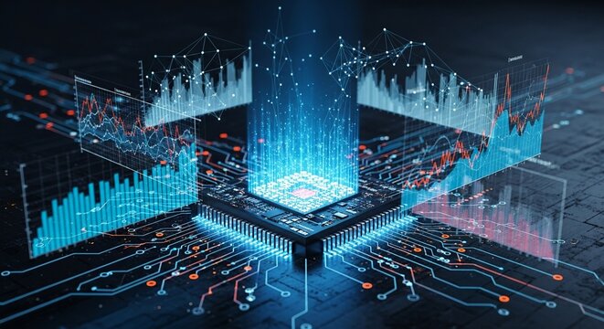 High-performance microchip with emerging 3D analytics and data network, accelerated computing, big data, IoT and predictive analytics for business growth