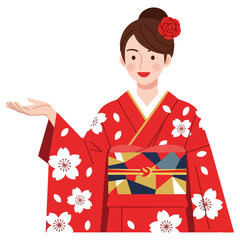 Japanese woman in traditional kimono with floral patterns.