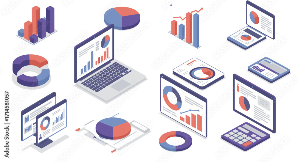 Poster isometric business analytics tools with charts and graphs in modern design