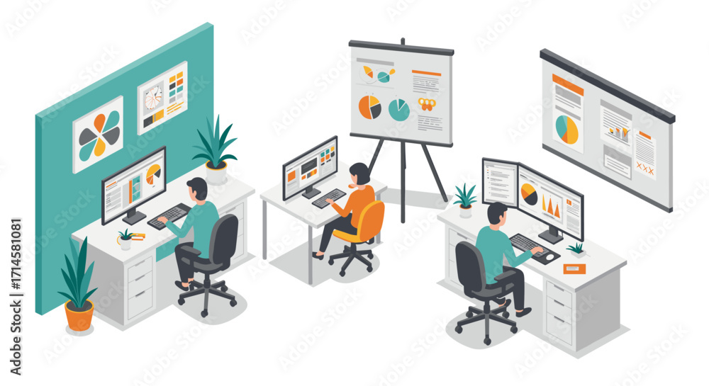 Aufkleber modern office design with people working on computers in a collaborative workspace