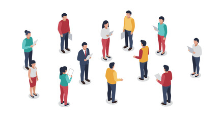 Diverse isometric team engaged in discussion and collaboration on white background