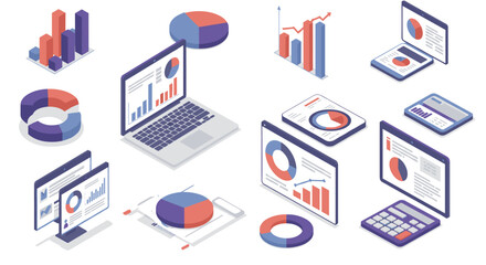 Isometric business analytics tools with charts and graphs in modern design