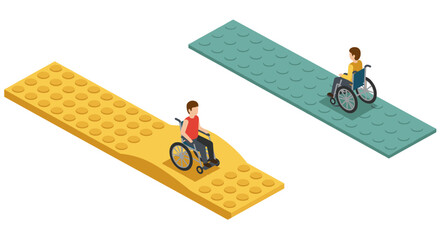 Naklejka premium Isometric figures in wheelchairs on colorful lego style ramps