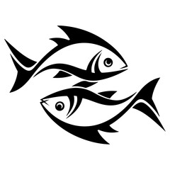 Two stylized fish swimming in opposite directions, black and white.