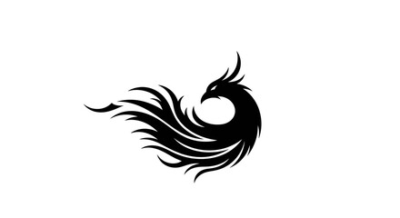Fototapeta premium A stylized black phoenix silhouette with flowing fiery wings against a white background.
