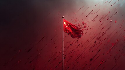 Blood Stained Flag: A solitary national flag, stained crimson with a symbolic representation of struggle and sacrifice, stands defiant amidst a backdrop of a tumultuous and turbulent environment.