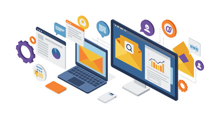 Isometric digital communication and data analytics concept with devices