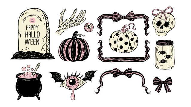 Retro Halloween Vintage Whimsical Clipart Spooky Icon Print Set With Pumpkin, Skull, Cauldron, Eye and Spider Jar - Powered by Adobe